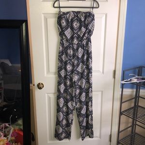 Navy, tan, & White strapless patterned jumpsuit